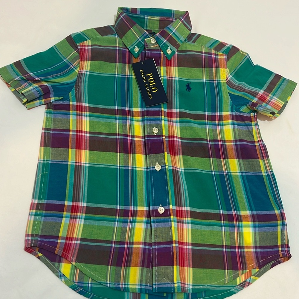 Cotton Madras short sleeve shirt- green multi- size 4